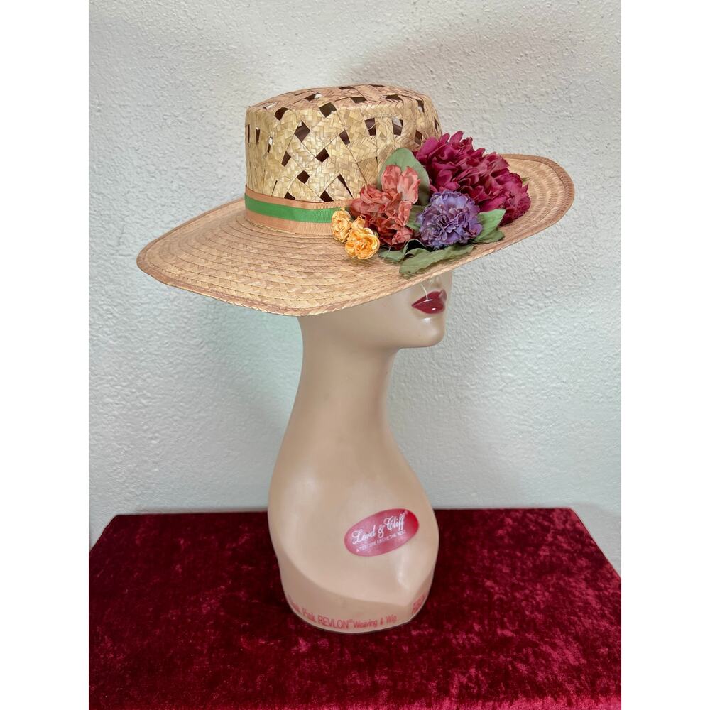 Vintage Accessories Straw Sun Hat Faux Flowers on Ribbon Medium The Hat Factory